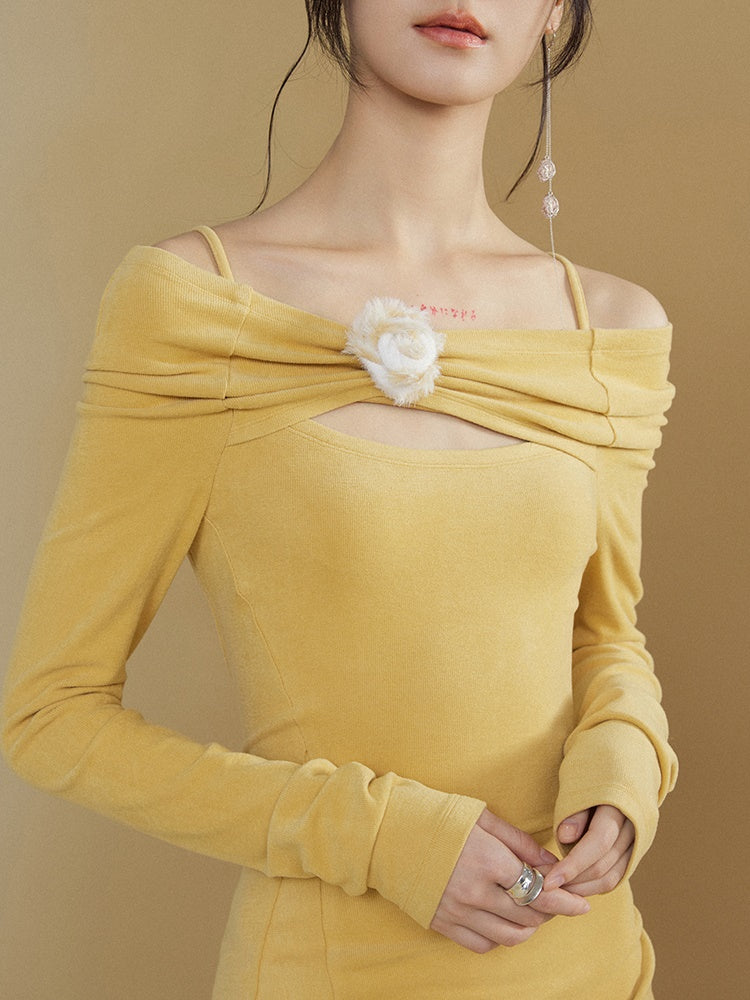 One-shoulder Long-sleeved Brushed Long Knit Dress