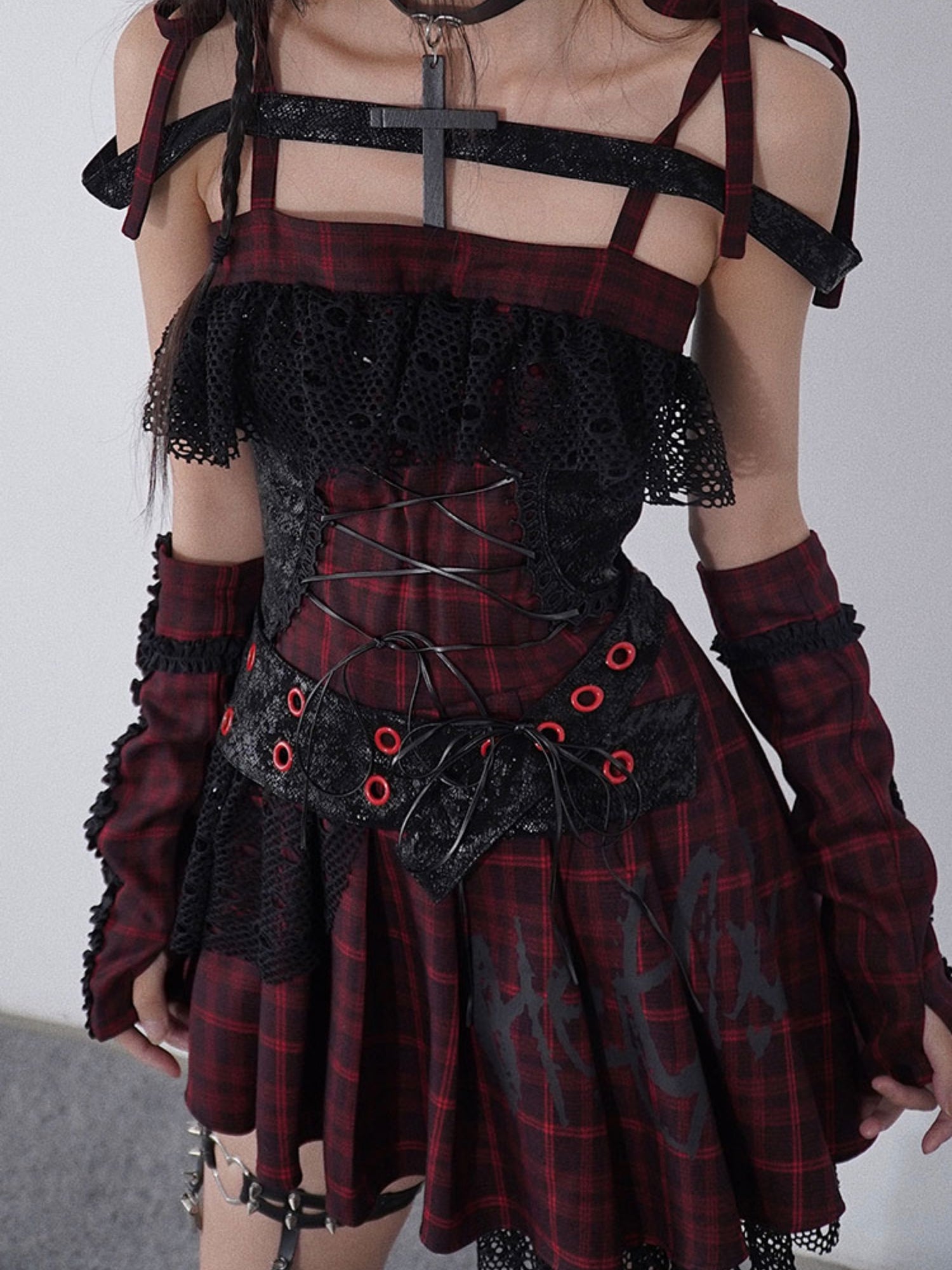 Niche Rock Suspender Plaid Dress