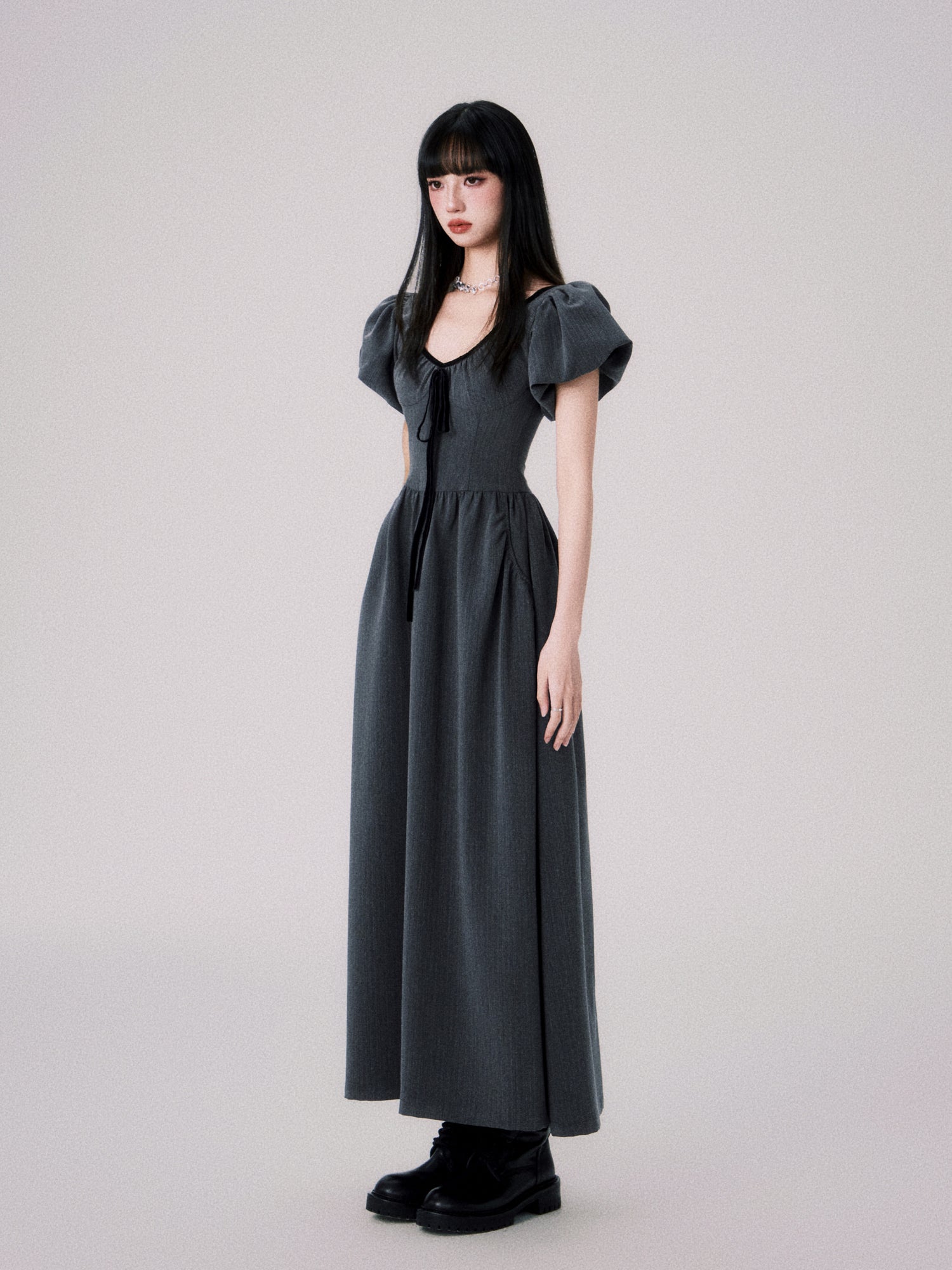 V-neck Puff Sleeve Waist Slimming Long Gather Dress