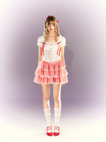 Lace Ribbon Puff Sleeve Top ＆ Gingham Check Cake Skirt