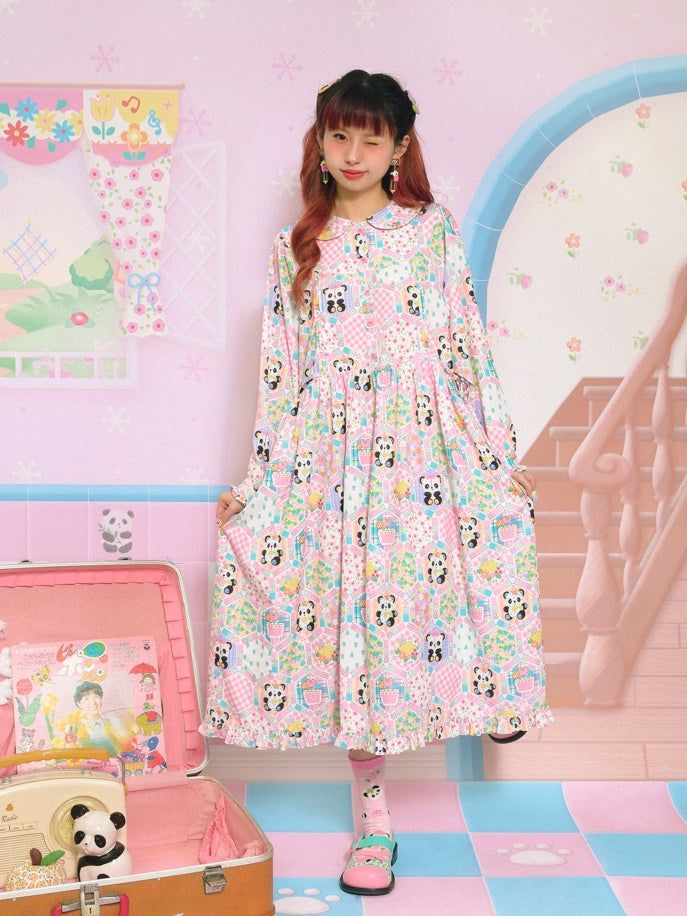 Doll Collar Patchwork Style Printed Loose Dress