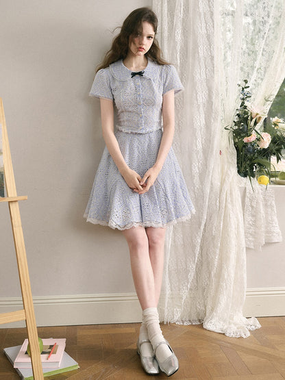 College Style Doll Collar Cutwork Lace Shirt ＆ Flare Skirt