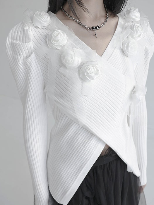 Cross V-neck Rose Splicing Sweater