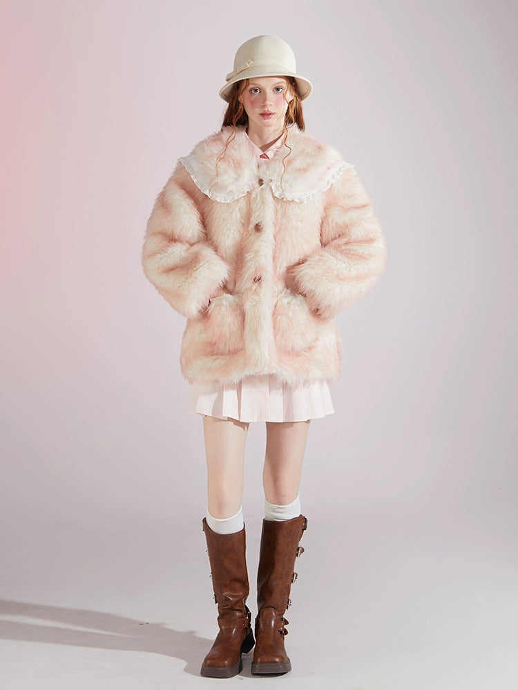 Gradient Double Collar Fur Coat