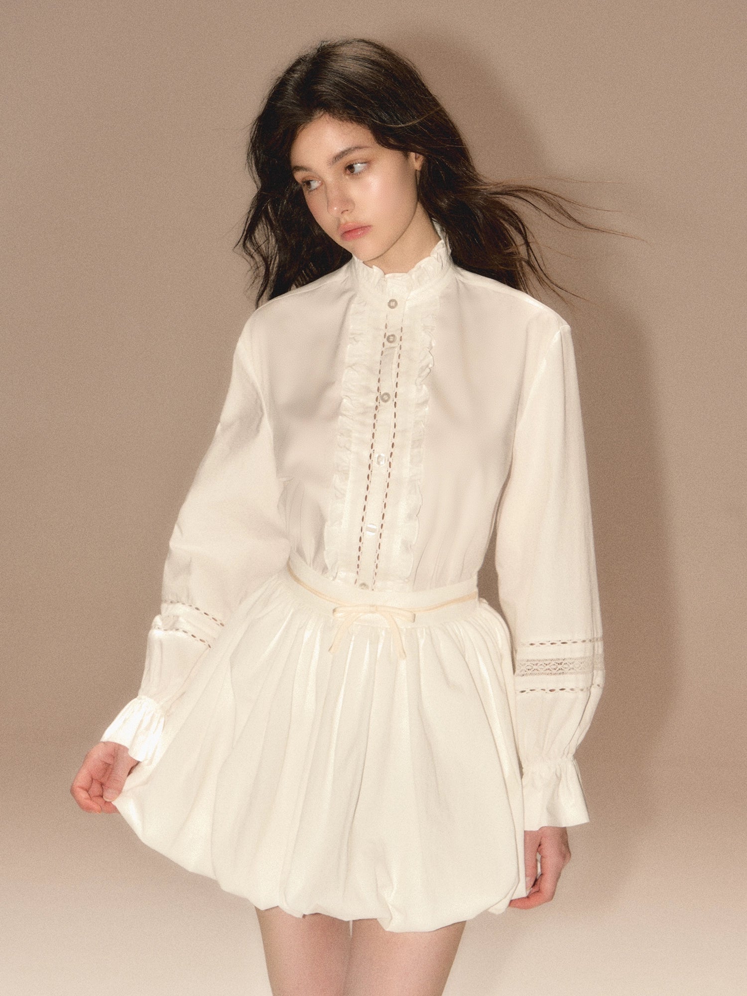 Lace Hollow Stand Collar Lantern Sleeve Shirt