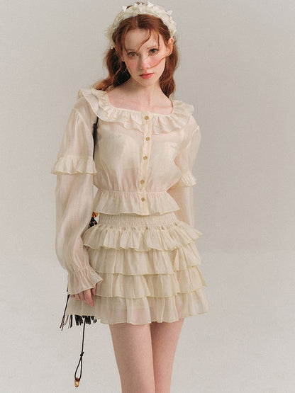 Shimmer Ruffle Collar Shirt &amp; Cake Skirt