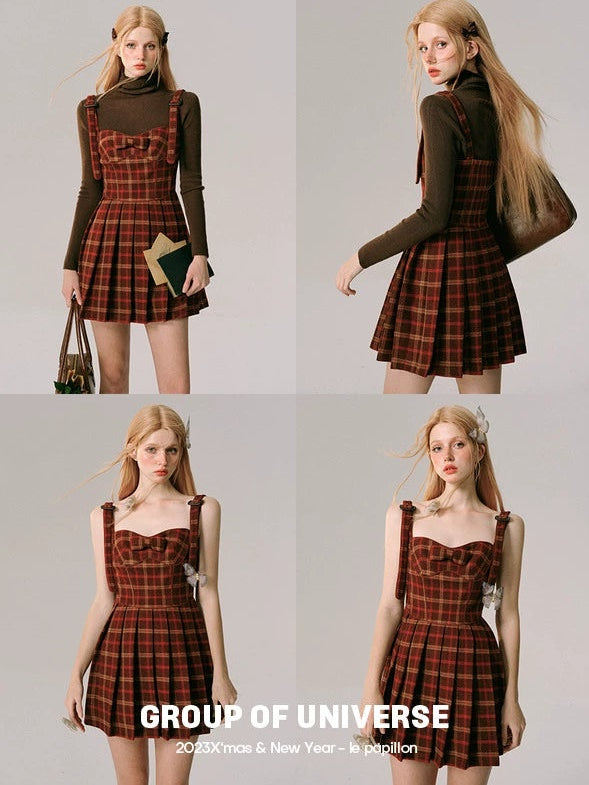 Plaid Slip Plisse Kleid