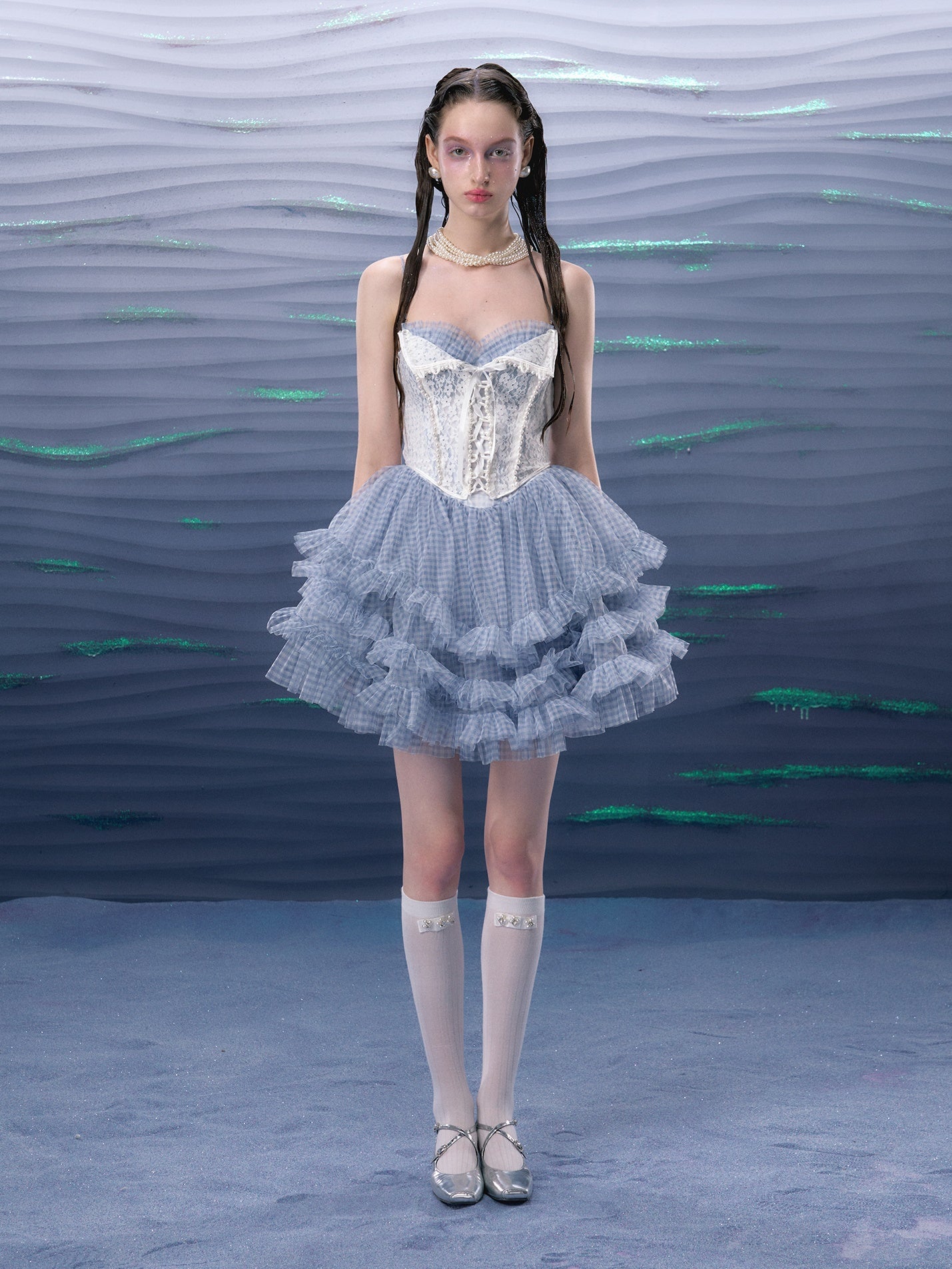 Plaid Mesh Tutu Suspender Dress ＆ Lace Pearl Corset