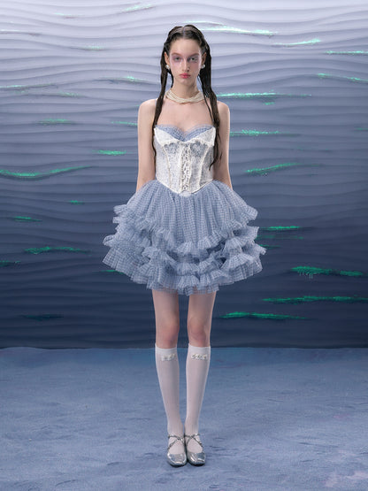 Plaid Mesh Tutu Suspender Dress &amp; Lace Pearl Corset