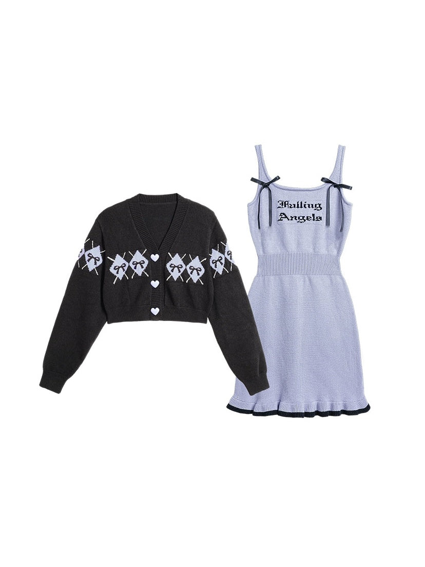 Knitted Sleeveless Logo One-piece ＆ Short Cardigan