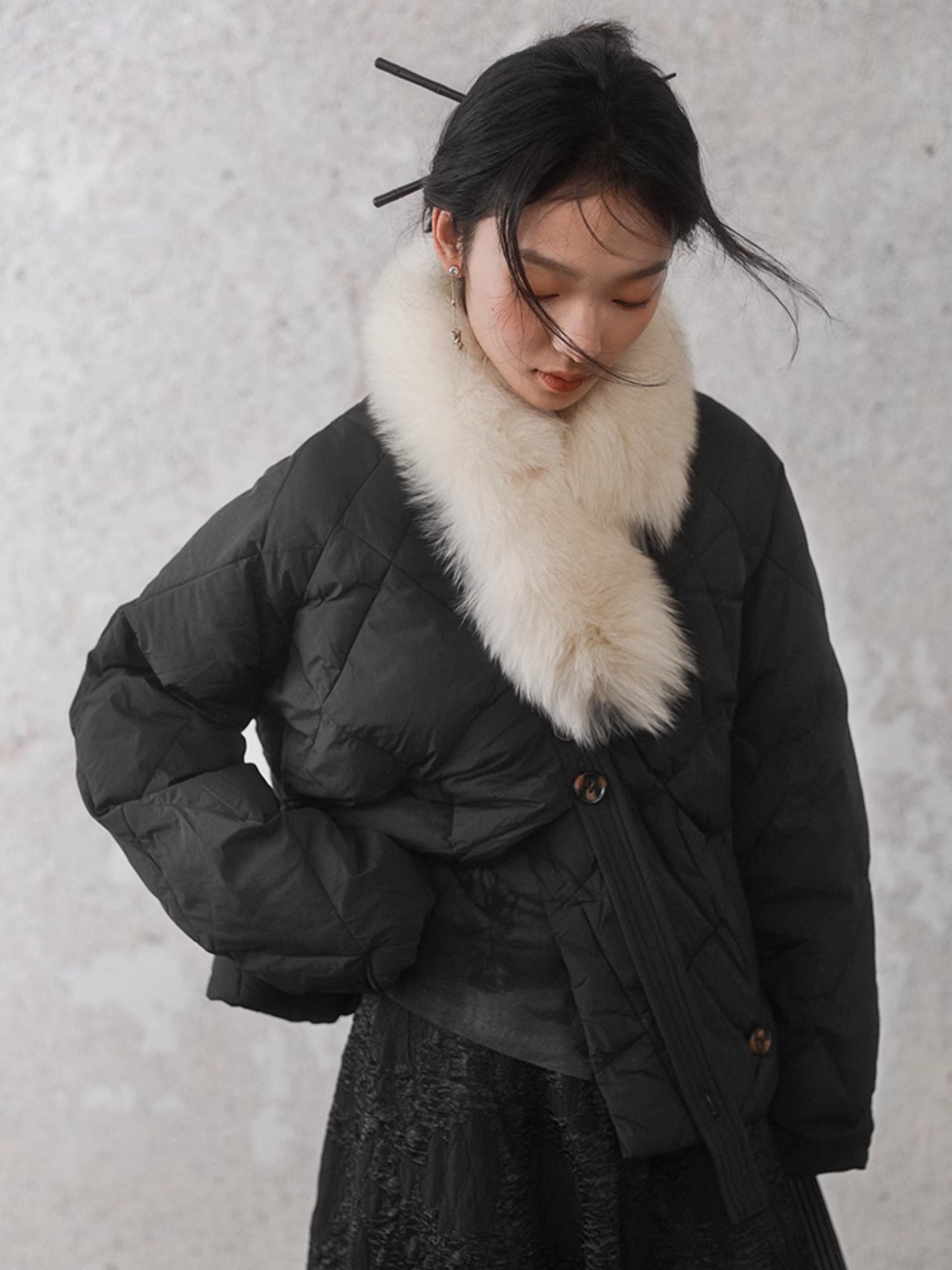 Fur Collar Detachable Slanted Lapel Down Jacket