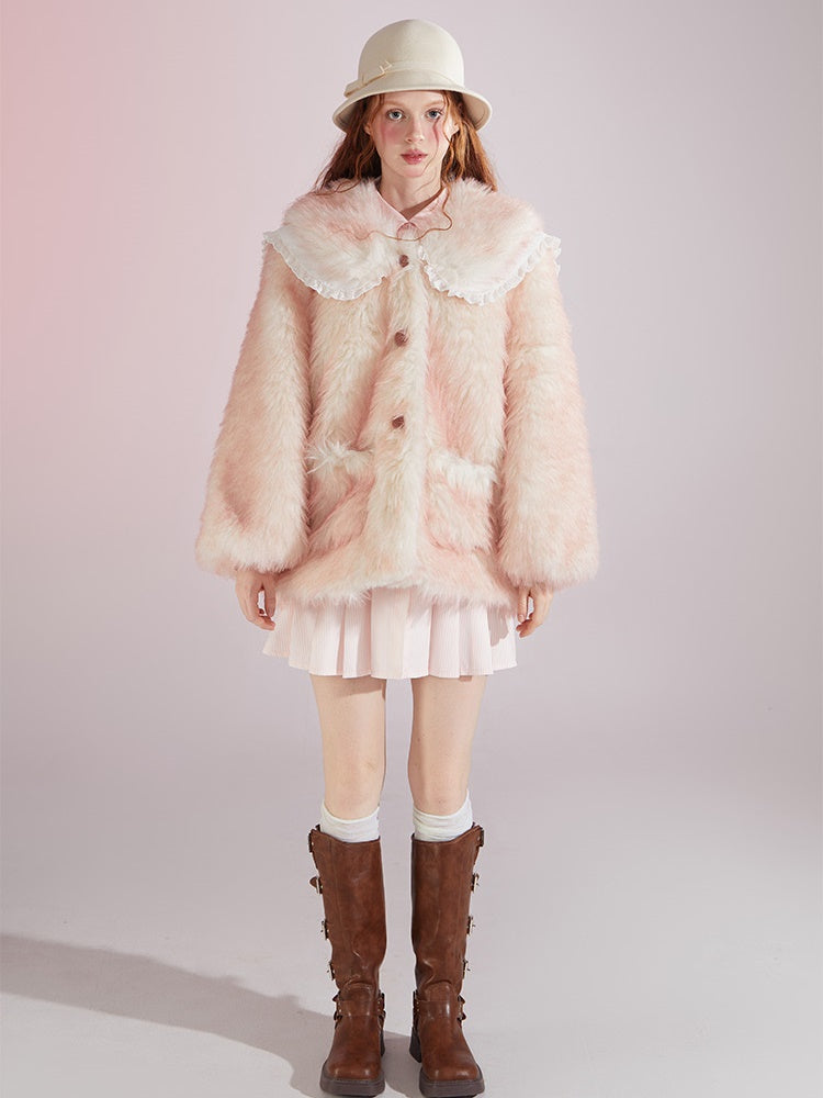 Gradient Double Collar Fur Coat