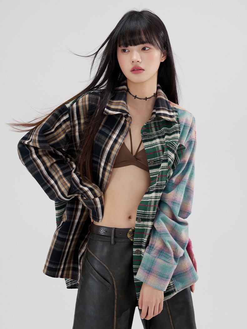 Loose Niche Design Contrasting Plaid Splicing Shirt