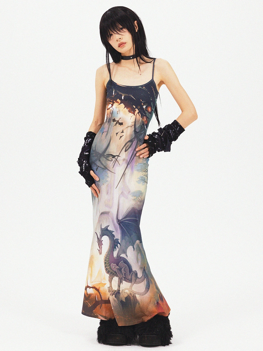 Dragon Print Mermaid Long Slip Robe