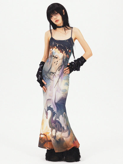 Dragon Print Mermaid Long Slip Dress