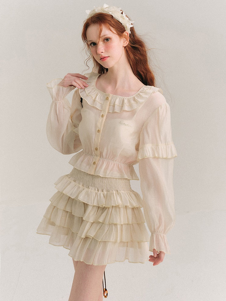 Shimmer Frill Collar Shirt ＆ Fluffy Cake Skirt