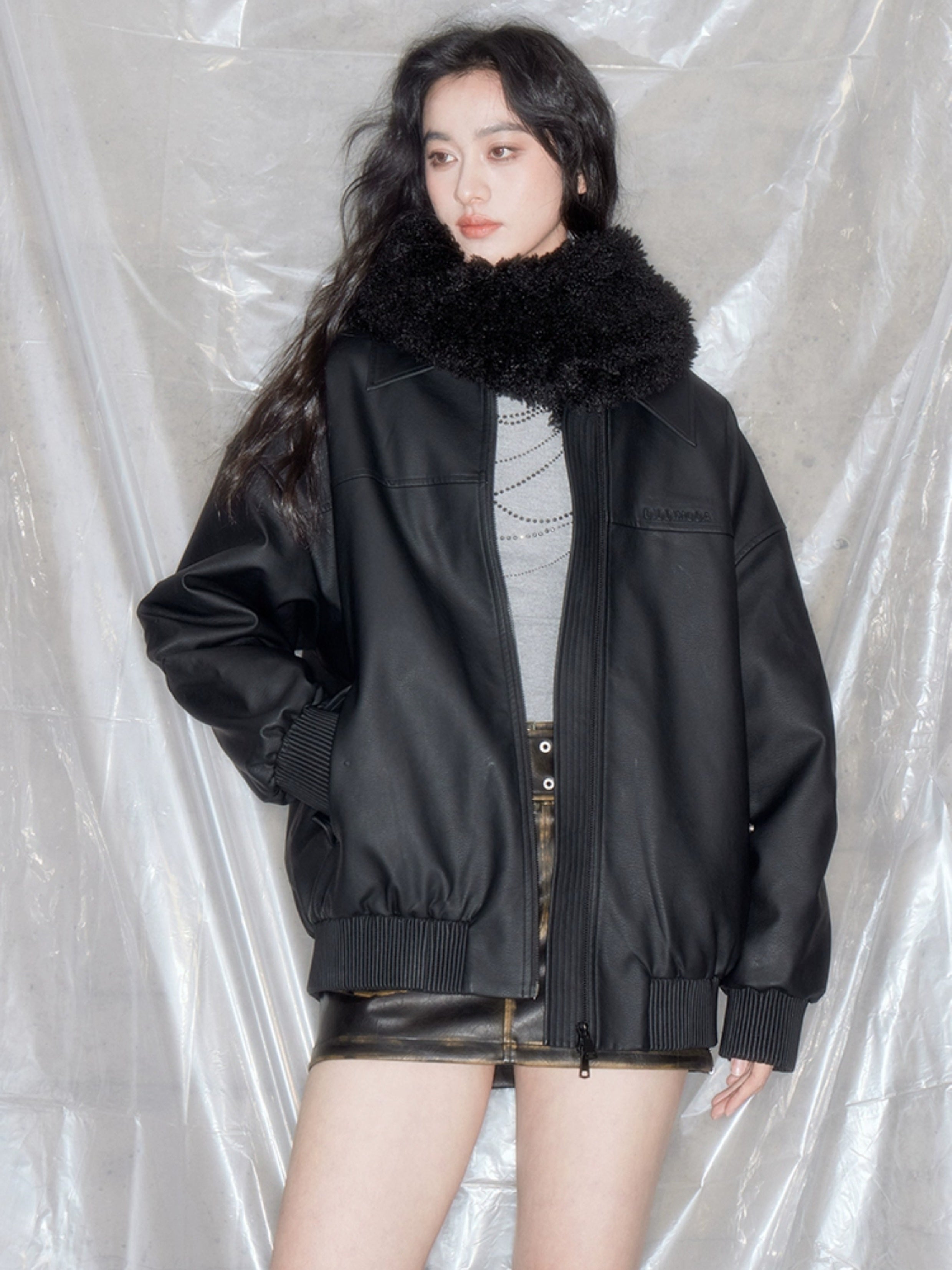 Fur Scarf Matte Leather Loose Jacket