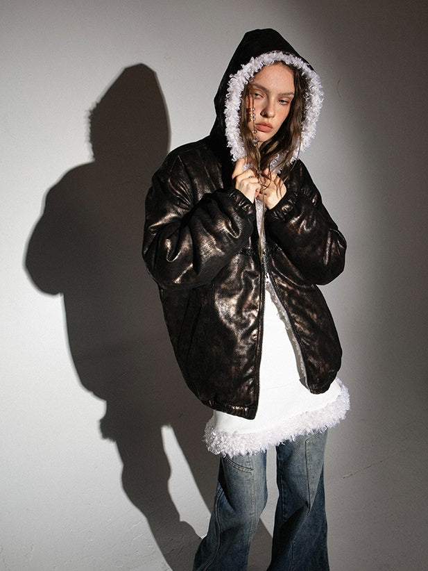 Metallic Fur Reversible Hooded Jacket