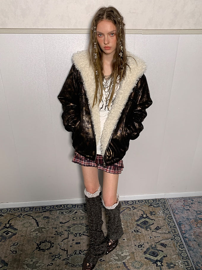 Metallic Fur Reversible Hooded Jacket