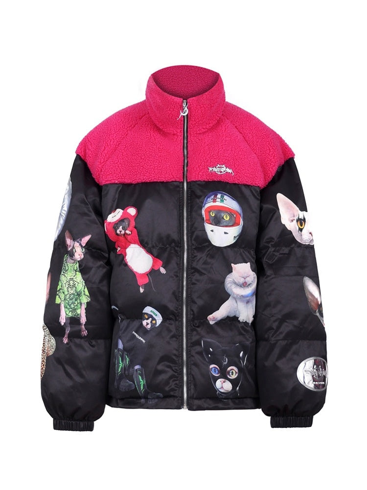 Cat Star Bicolor Loose Stand-Collar Padded Jacket