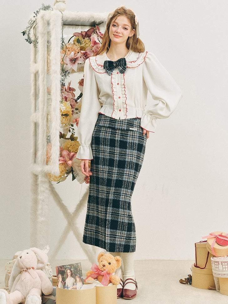 Checked I-Line Slit Mid-Length Skirt &amp; Ribbon