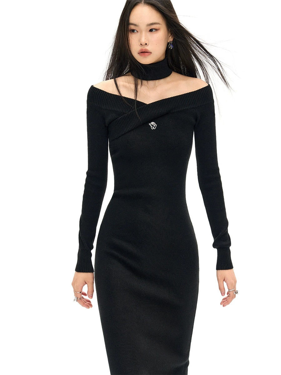 Cross-neck Long Slim Knit Dress