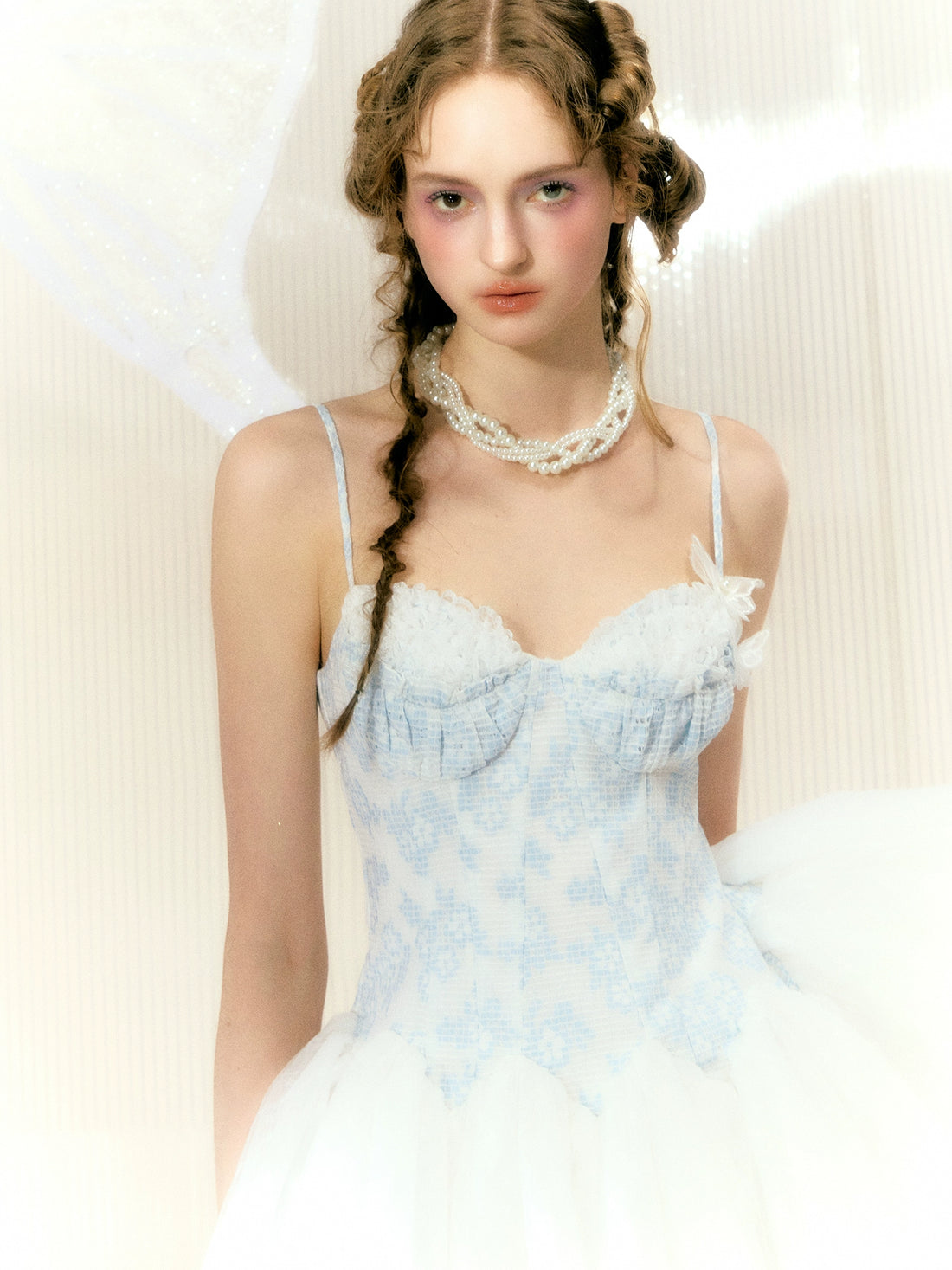 Narrator Original Design Blue And White Flower Pearl Butterfly Girl Ballet Style Mesh Skirt Suspender Dress