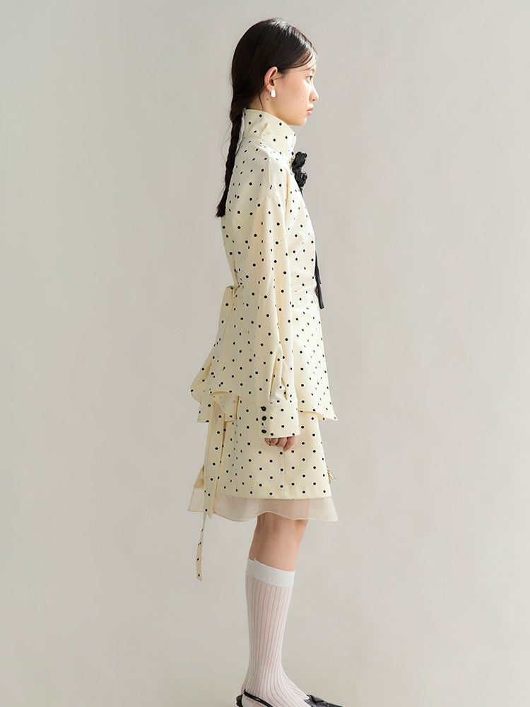 Dot Ciffon Nichi Balloon-Sleeve Chic Blouse＆Skirt