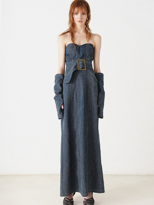 Denim Bare Top Long Dress With Sleeves