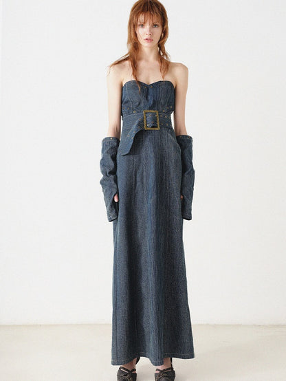 Denim Bare Top Long Kleid mit Ärmeln