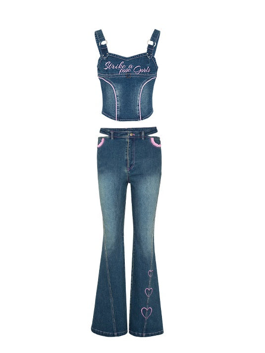 Embroidered Denim Micro Flared Trousers &amp; Strap Vest