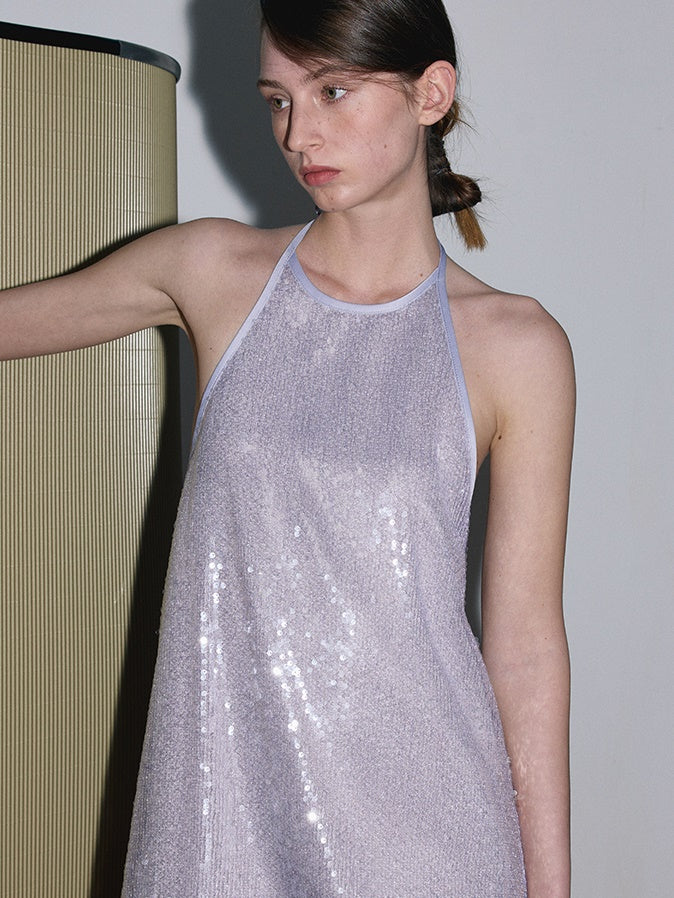 Pearlescent Three-dimensional Sequin Halter Neck Dress