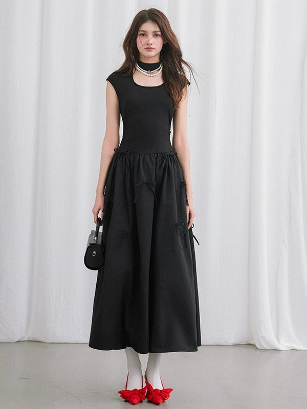 Square Cutout Stand Collar Bow Long Dress