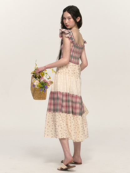 Retro Plaid Floral Lace Patchwork Small Flying Sleeves Dress