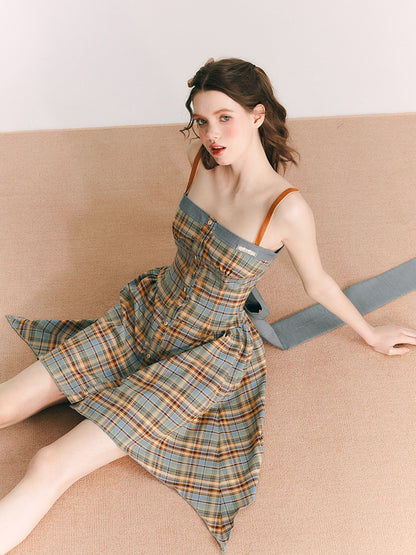 Sunflower Plaid Suspender Irregular Dress