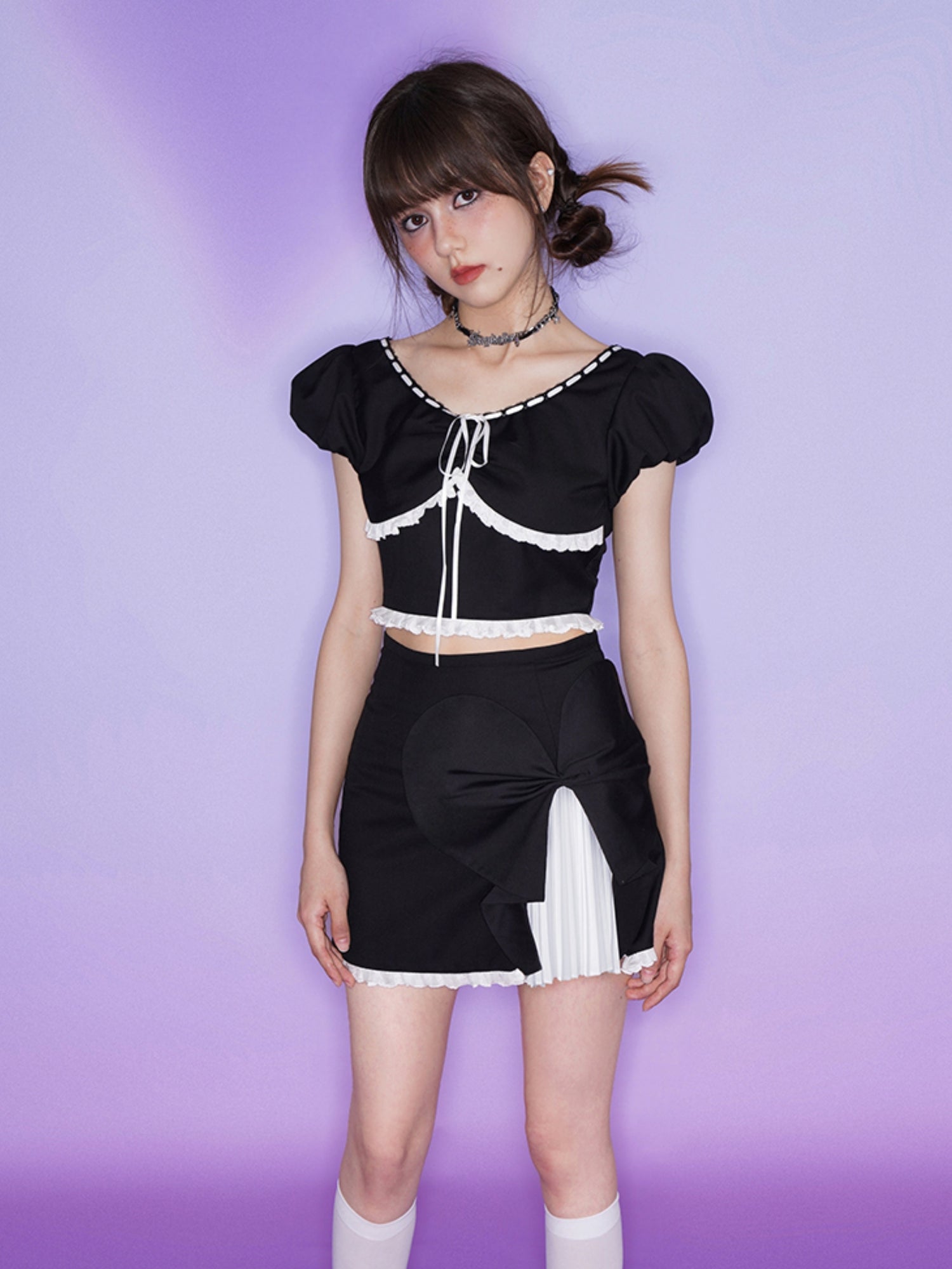 Romantic Puff Sleeve Top &amp; Asymmetry Layered Short Skirt