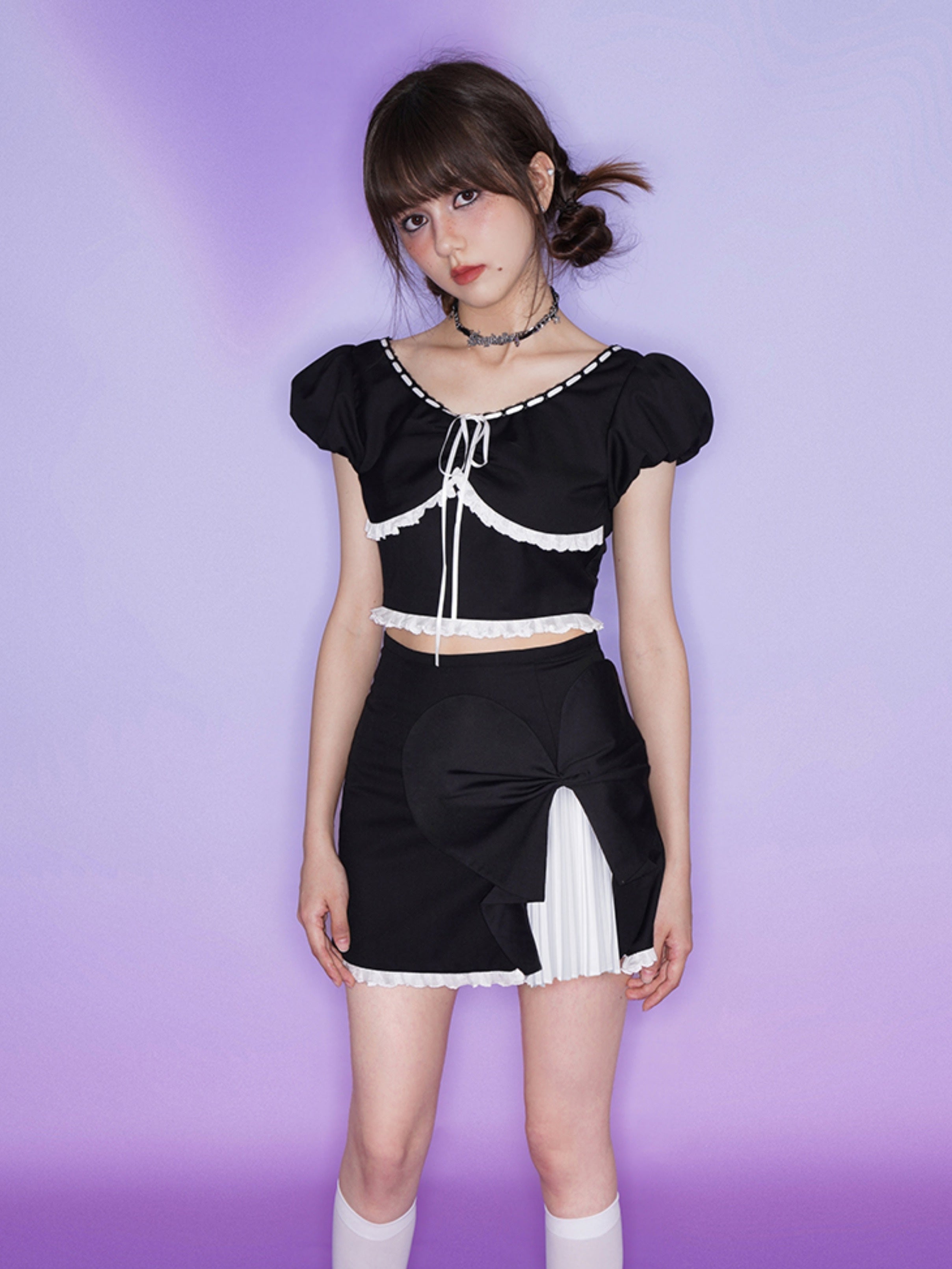 Romantic Puff Sleeve Top ＆ Asymmetry Layered Short Skirt