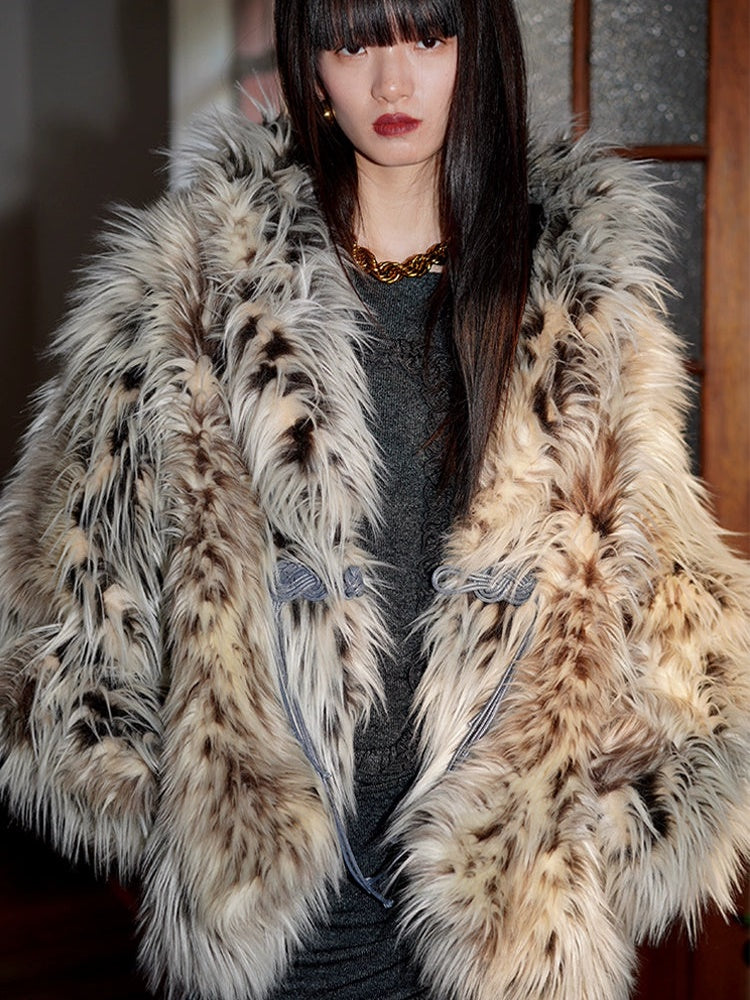 Chinese Plate Button Design Leopard Print Fur Jacket