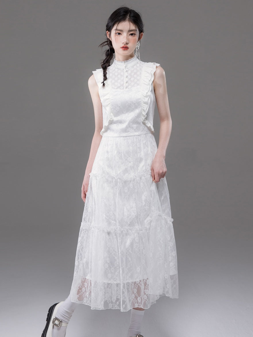 Lace Stand Collar Tiered Sleeveless Dress