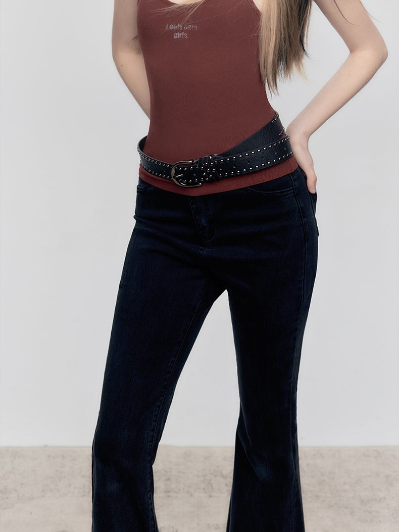 Elastische rohe Kante Doppelte Taille Flared Jeans