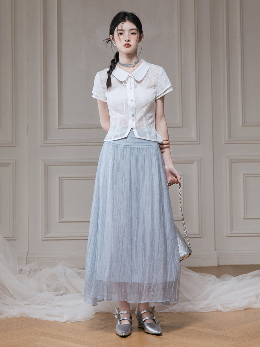 Frill Stitch U-neck Vest ＆ Gauze Long Skirt Set-up