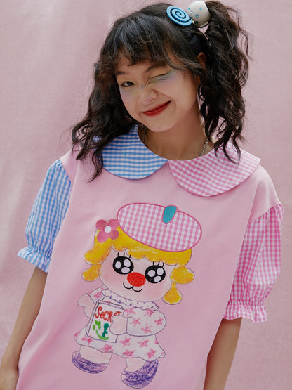 Cartoon Check Shirt Sleeve T-Shirt