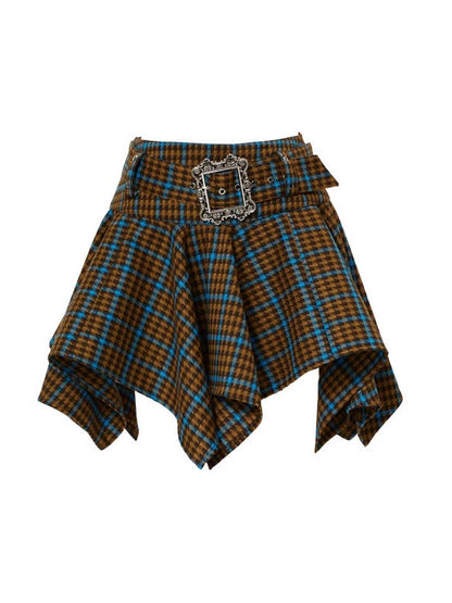 Contrast Plaid Wide Waist Design Irregular Hem Short Skirt