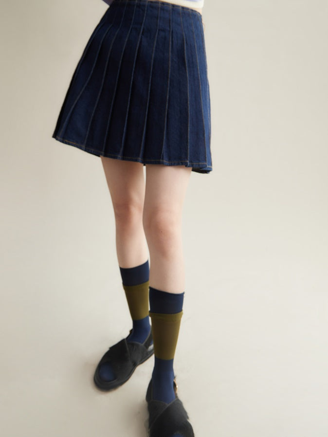 A-line Short Denim Pleated Skirt