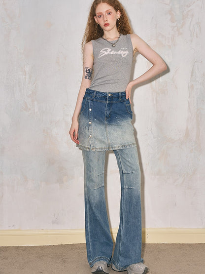 Fake Two-piece Gradation Wash Flared Denim Skirt Pants