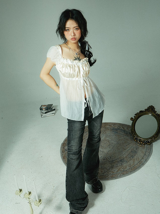 Retro Satin Stitching Tulle Shirt