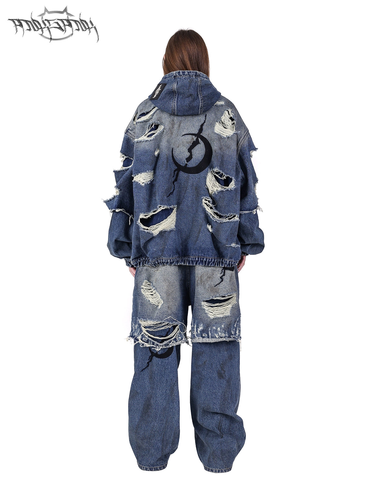 Holes Loose Genderless Hooded Denim Jacket