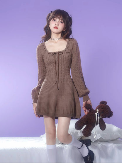 Square Neck Cable Knitted Dress