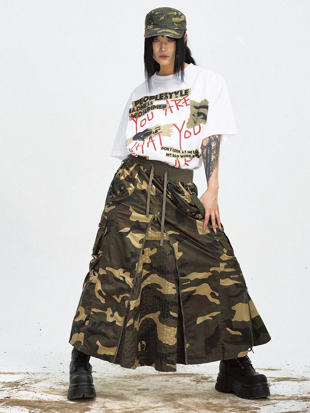 Camouflage Zipper Slit Work Maxi Skirt