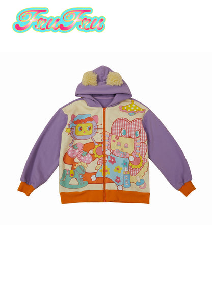 Cartoon Print plus Samt -Kapuzenparka